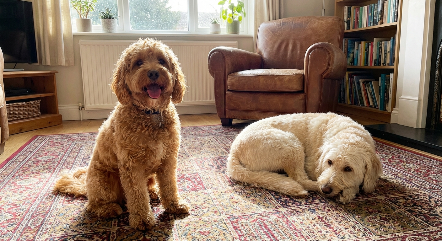 A happy Cockapoo sitting on a living room rug next to a Labradoodle resting nearby