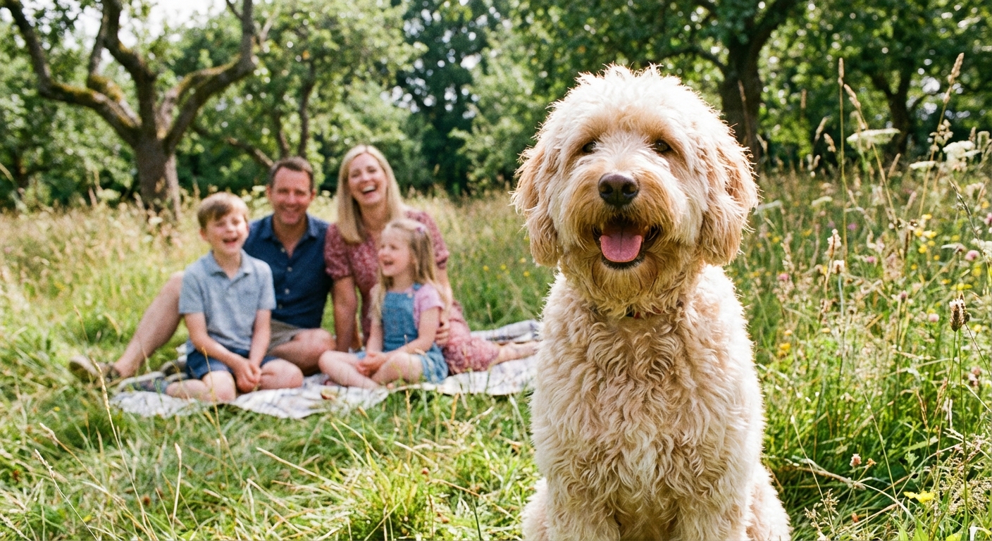 A happy Labradoodle sitting outdoors with a family in the background, showing its coat texture and friendly expression
