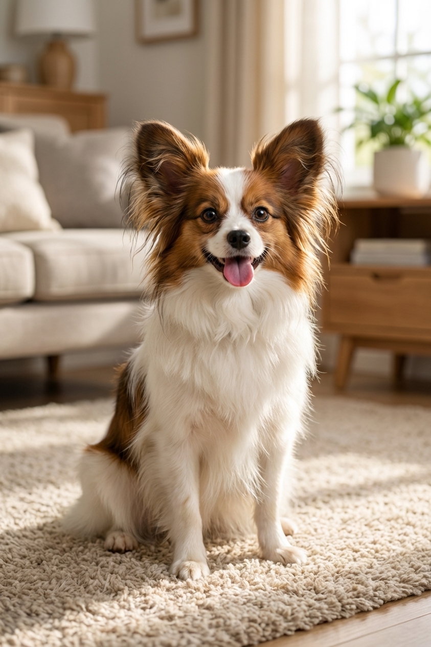 A happy Papillon with large butterfly-like ears sitting on a living room rug in soft natural light, realistic photography