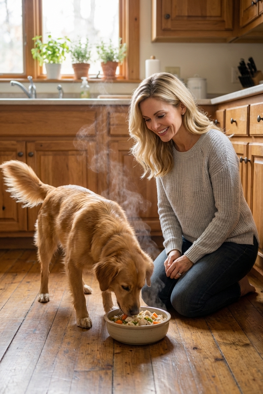 A happy adult dog eating from a bowl of warm homemade food while a person kneels nearby in a cozy kitchen, candid photorealistic style
