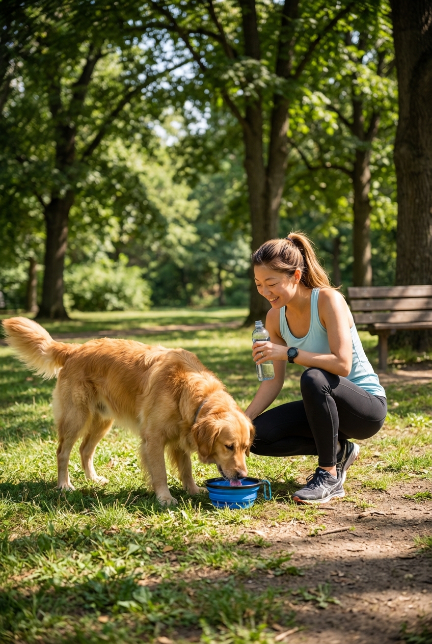 A happy dog drinking water from a collapsible bowl next to a runner at a shaded park