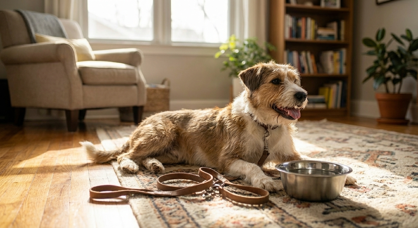 A happy dog resting comfortably after a walk on a living room rug with a water bowl nearby