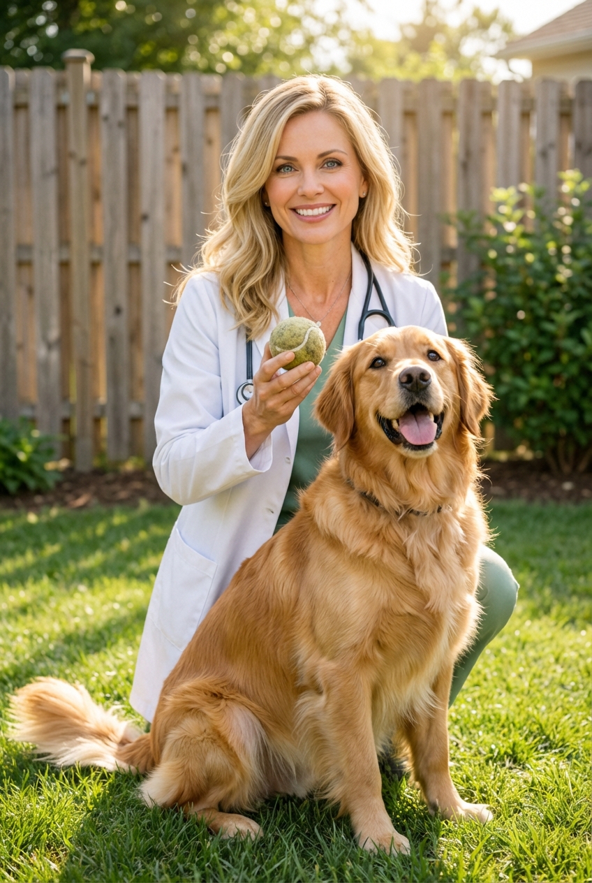 A happy dog sitting in a fenced backyard while an owner holds a ball at chest height