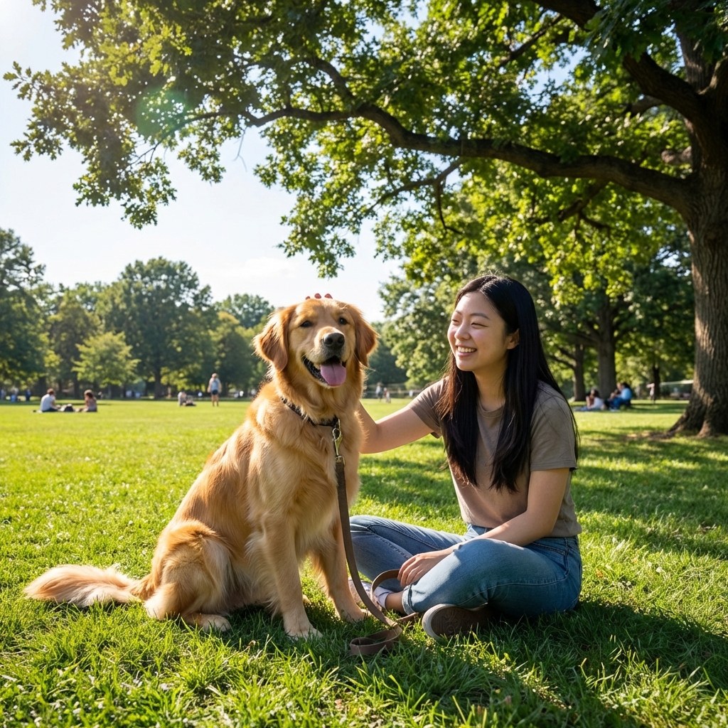A happy dog sitting next to their owner in a sunny park after a vet visit