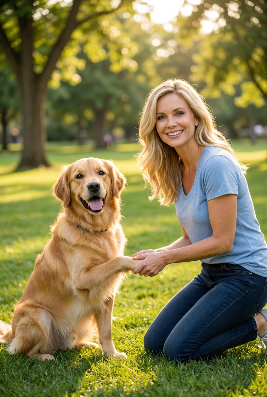 A happy dog sitting outdoors offering a paw while a person kneels and smiles