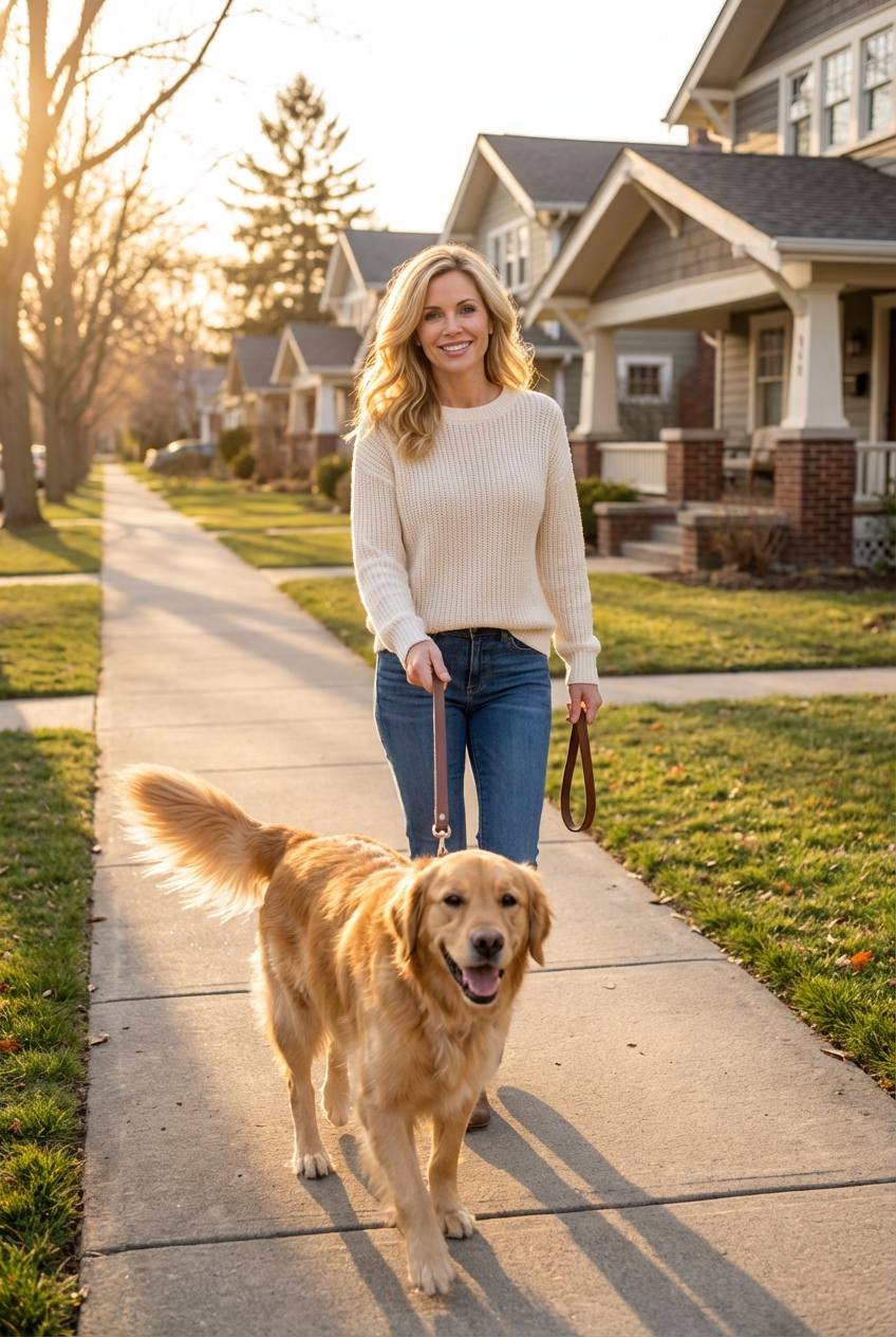 A happy dog walking on a leash in a quiet neighborhood during golden hour