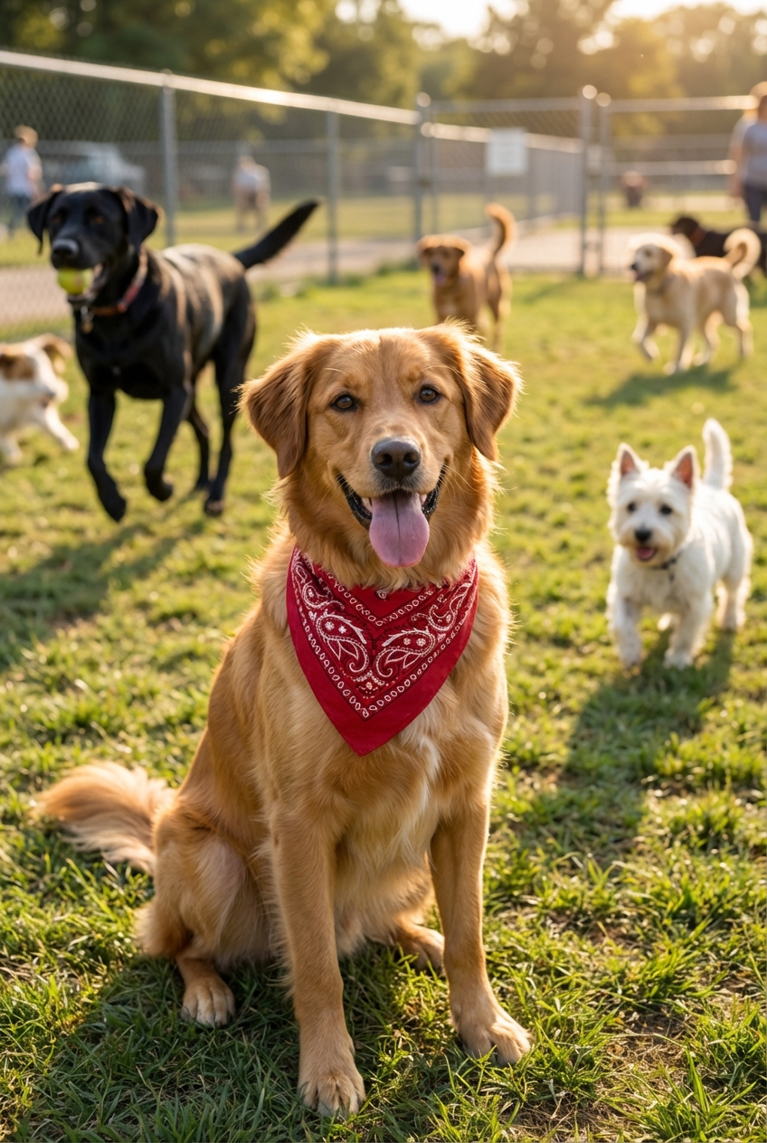 A happy dog wearing a bandana at a dog park while other dogs play in the background