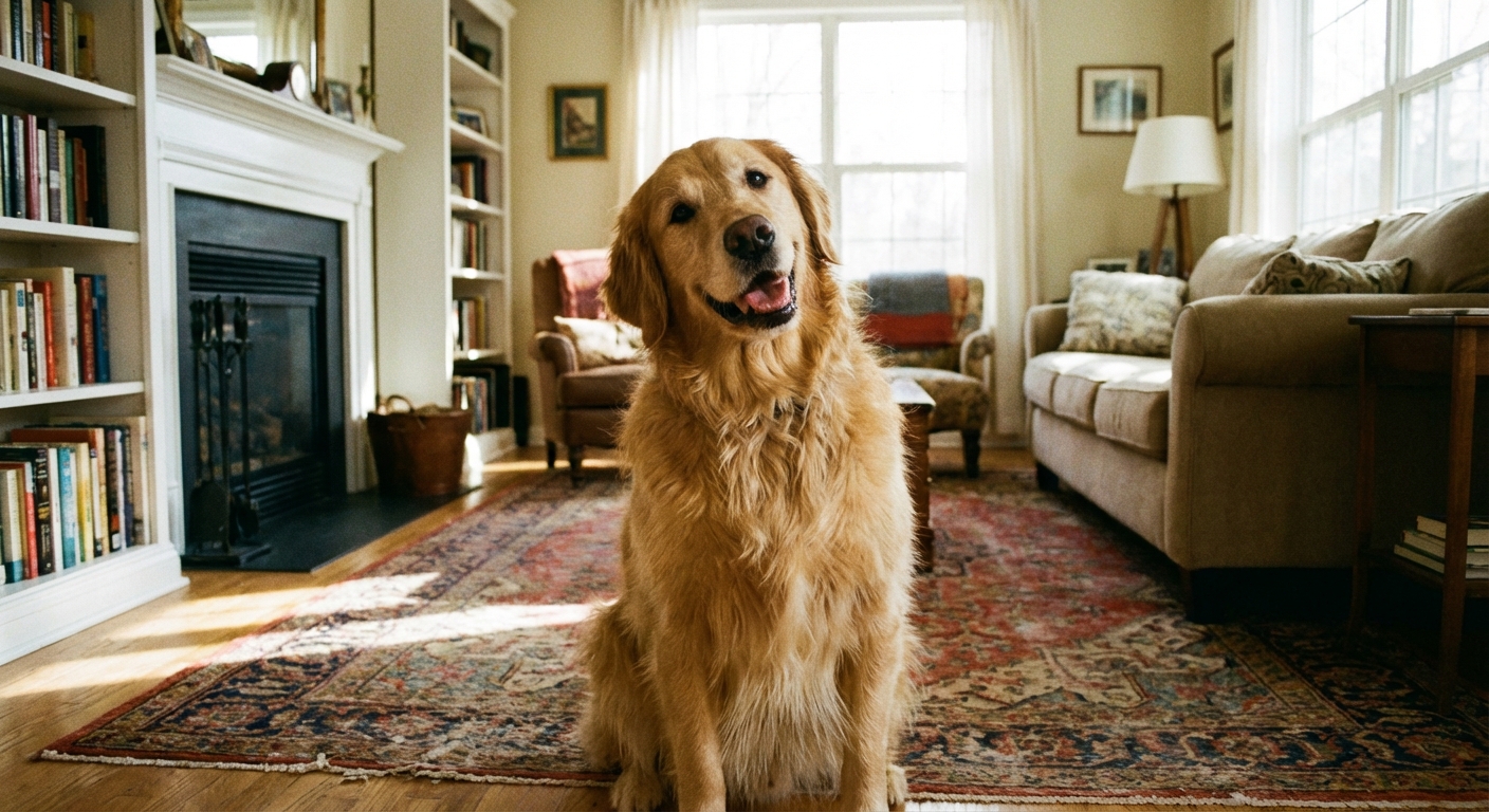 A happy golden retriever with its head tilted sitting on a living room rug
