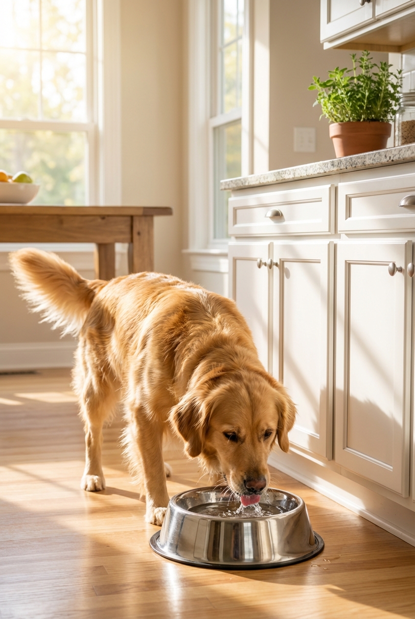 A happy medium-sized dog drinking water from a stainless steel bowl in a bright kitchen
