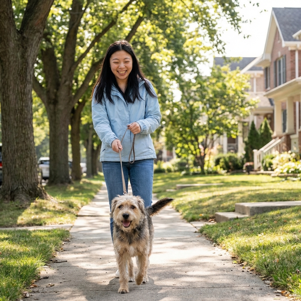 A happy mixed-breed dog walking on a leash with a caregiver on a shaded neighborhood sidewalk