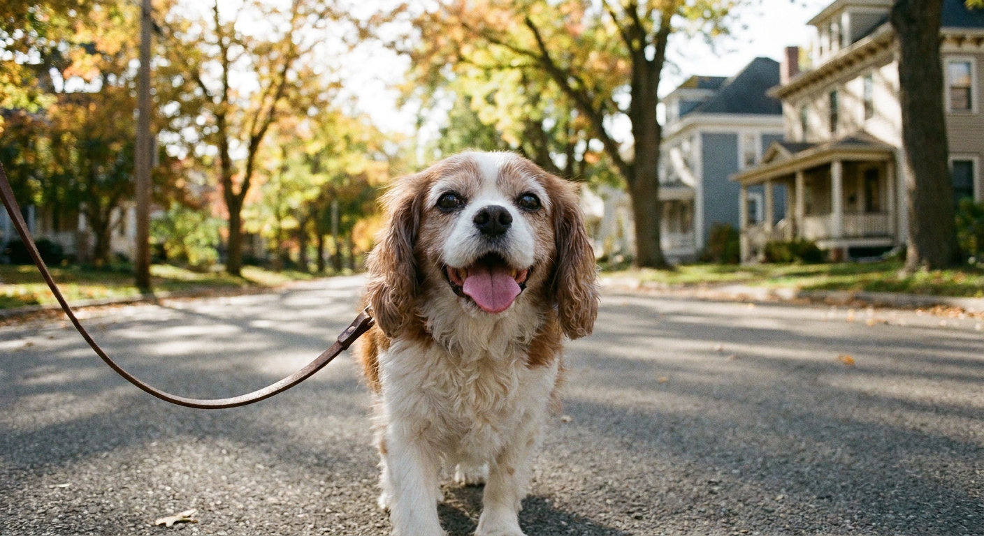 A happy senior Cavalier King Charles Spaniel walking on a leash in a quiet neighborhood with relaxed breathing
