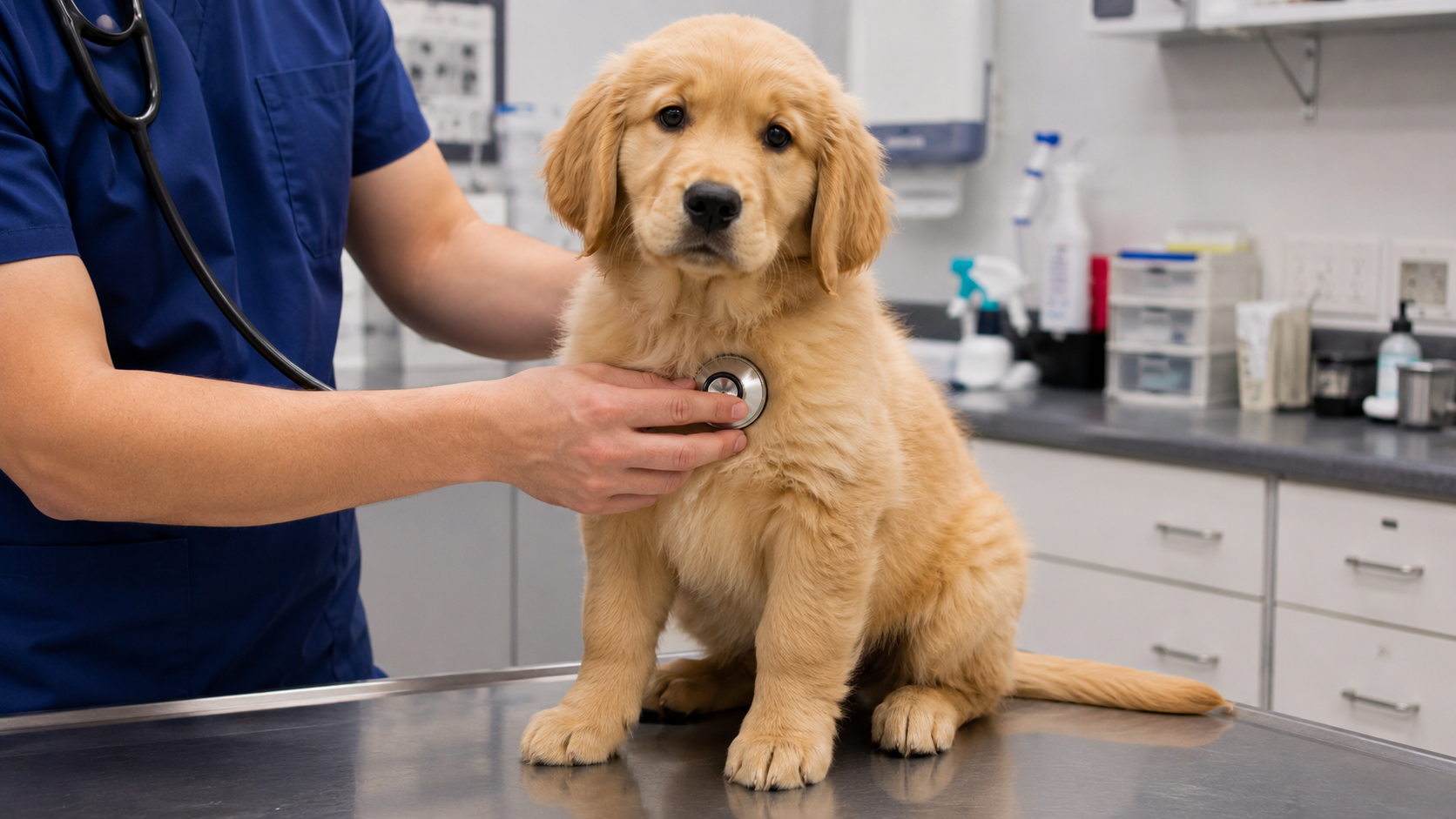 A happy young puppy sitting on a veterinary clinic floor next to a technician holding a leash during a routine recheck visit
