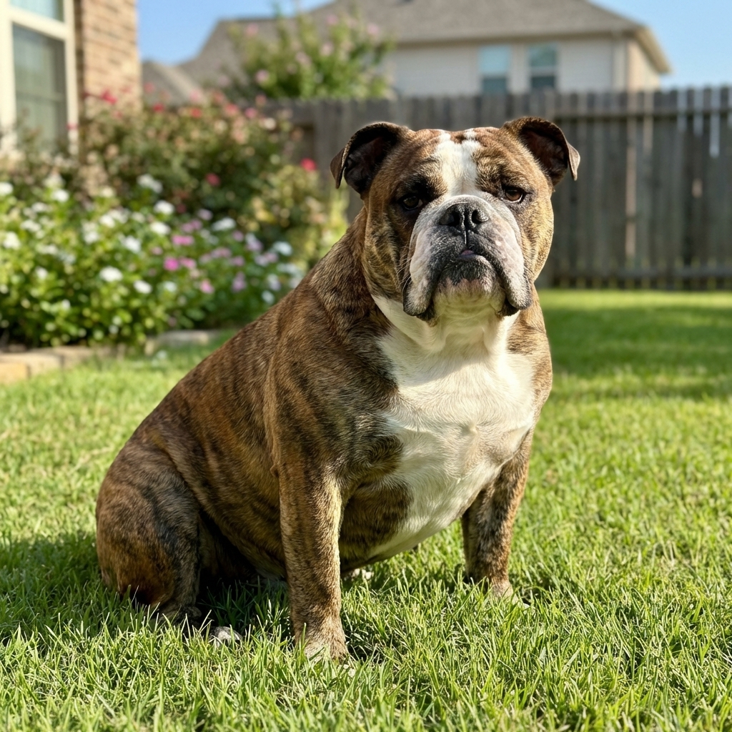 A healthy adult English Bulldog sitting on green grass in a sunny backyard, natural light, real photography style