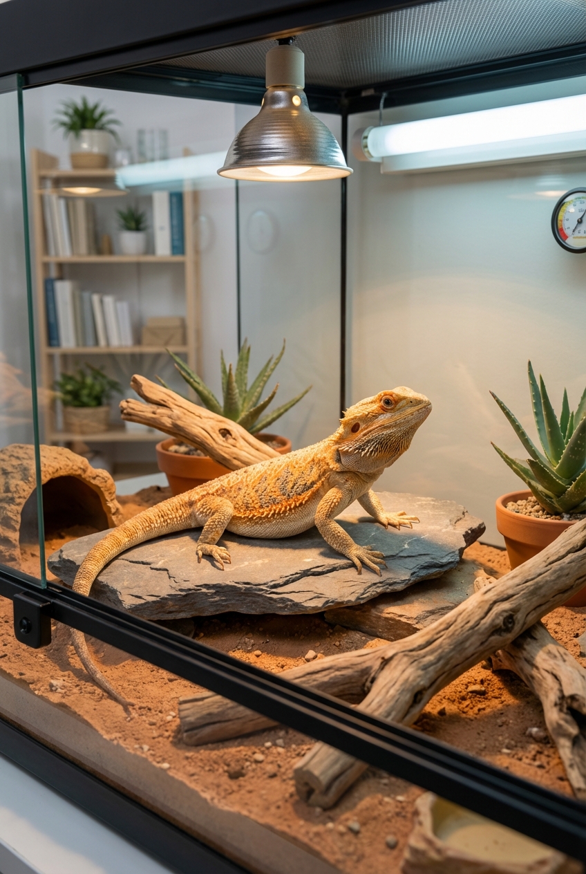 A healthy adult bearded dragon basking on a warm rock under a UVB light in a clean terrarium
