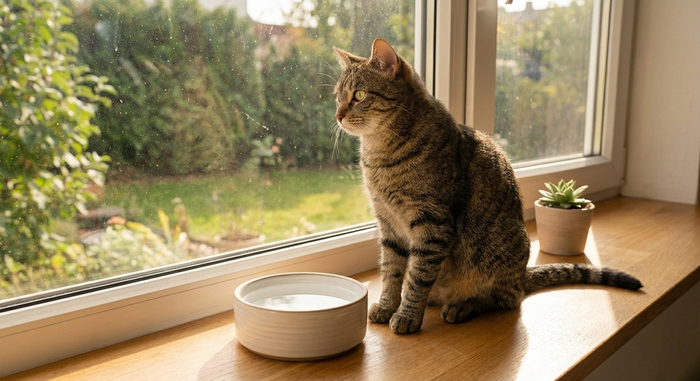 A healthy adult cat looking out a window in a clean home environment with a water bowl nearby