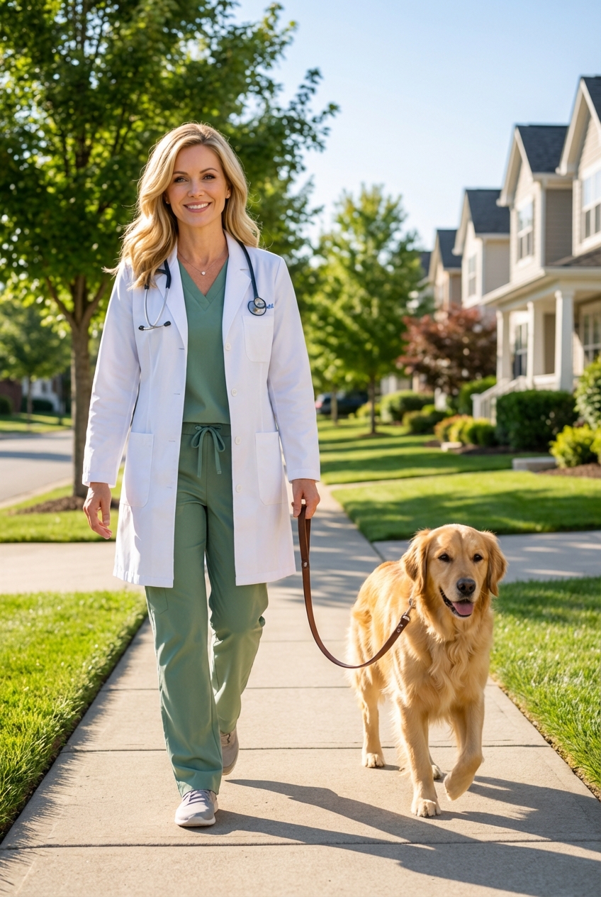 A healthy adult dog walking on a leash with its owner on a sunny neighborhood sidewalk