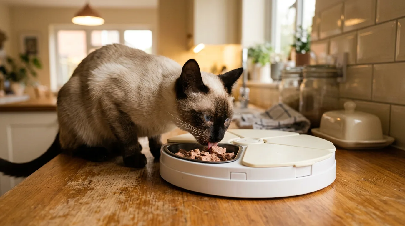 A healthy adult domestic shorthair cat sitting next to a stainless-steel bowl of wet cat food in a bright kitchen
