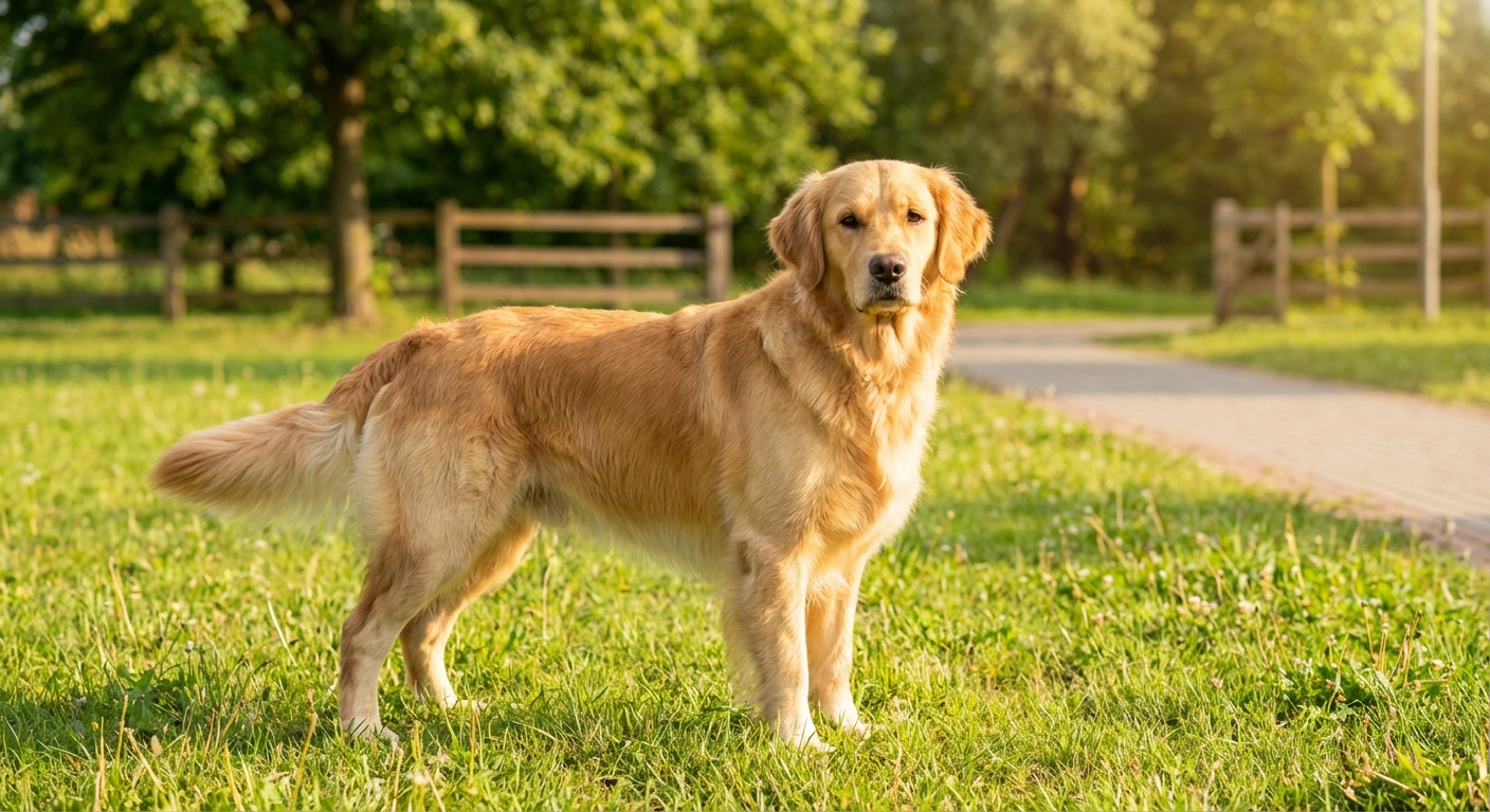 A healthy adult female dog standing outdoors in daylight looking relaxed