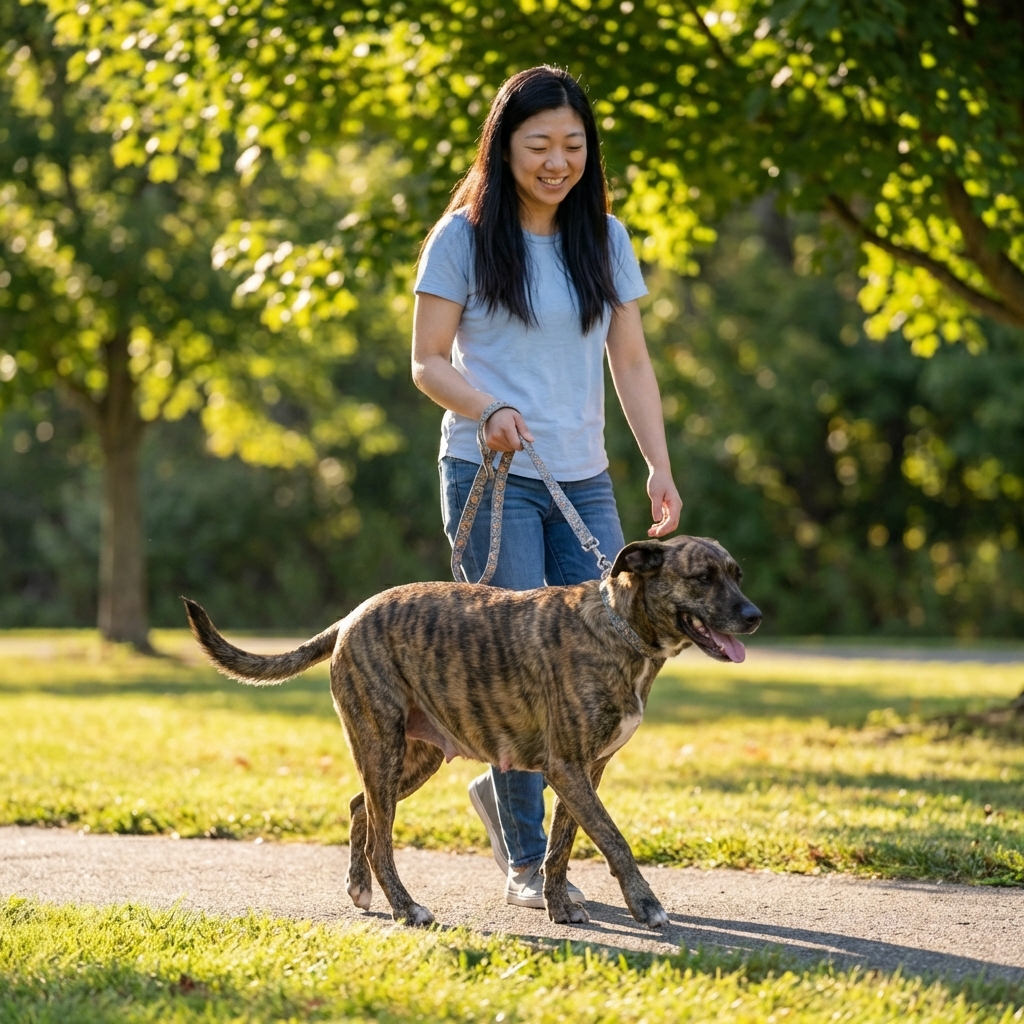 A healthy adult mixed-breed female dog walking comfortably outdoors on a sunny day