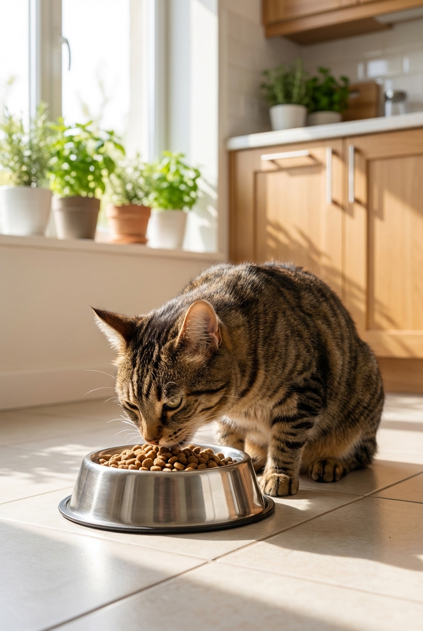 A healthy adult tabby cat eating from a stainless steel bowl in a bright kitchen