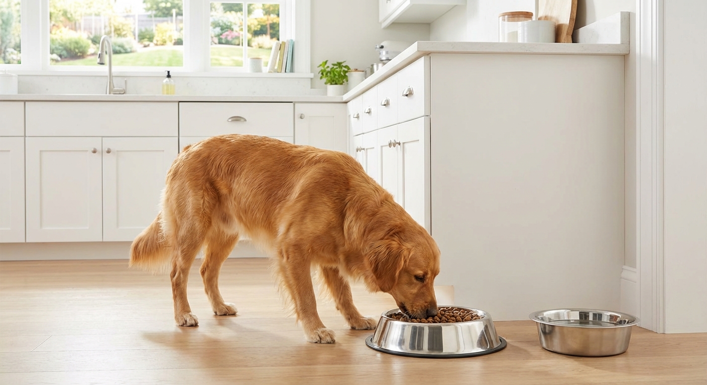 A healthy dog eating from a stainless steel bowl in a clean kitchen