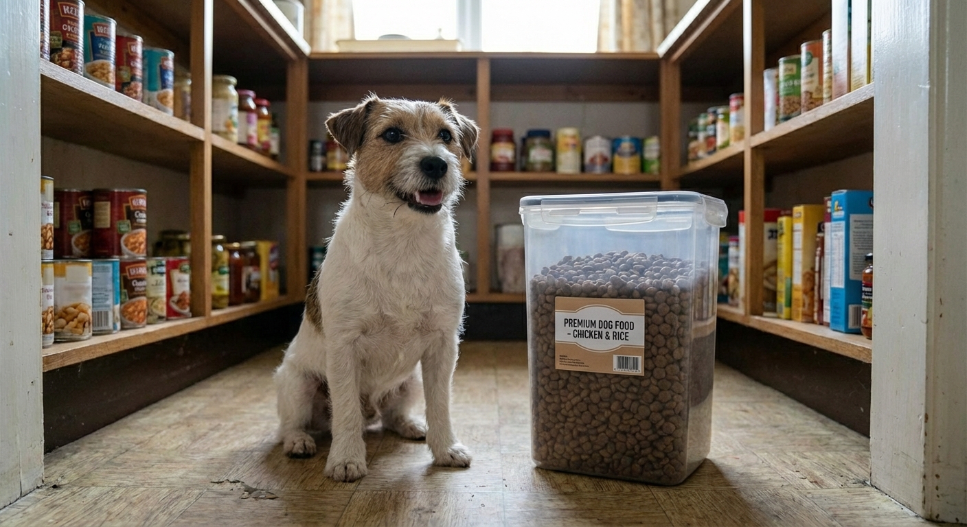 A healthy dog sitting next to a sealed container of dry dog food in a pantry