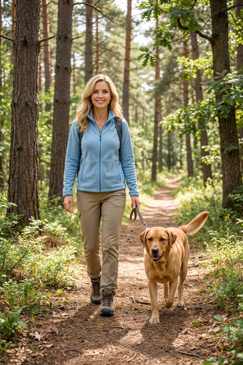 A healthy dog walking on a forest trail beside an owner during a calm hike, showing a confident gait and relaxed posture in natural daylight, photorealistic outdoor scene