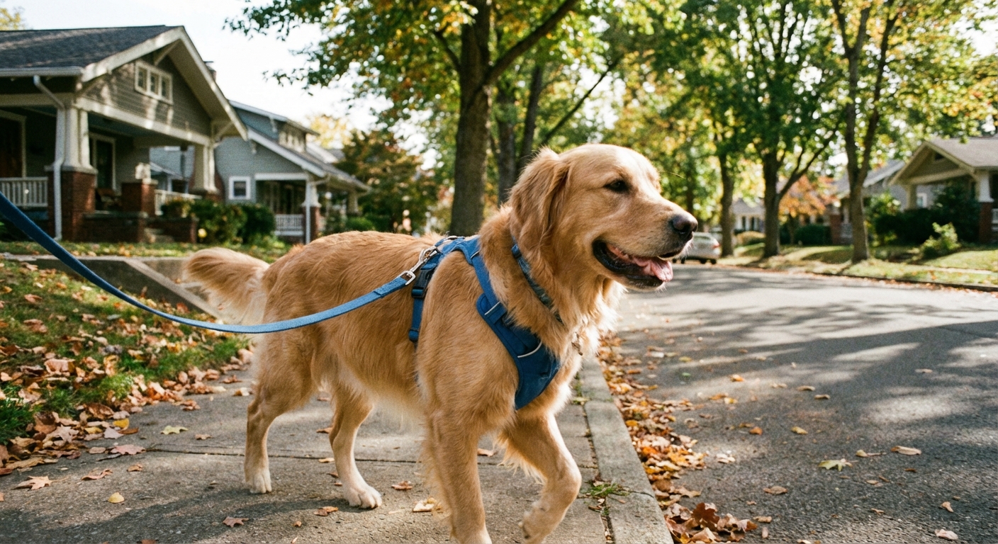 A healthy dog wearing a harness on a quiet neighborhood walk