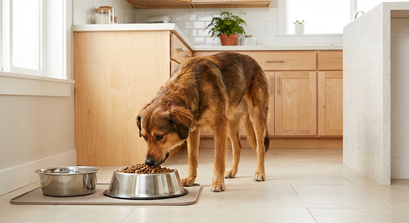 A healthy mixed-breed dog eating from a stainless steel bowl in a clean kitchen