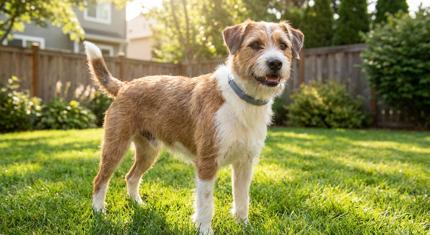 A healthy mixed-breed dog wearing a tick collar while standing in a green backyard with sunlight, realistic photo