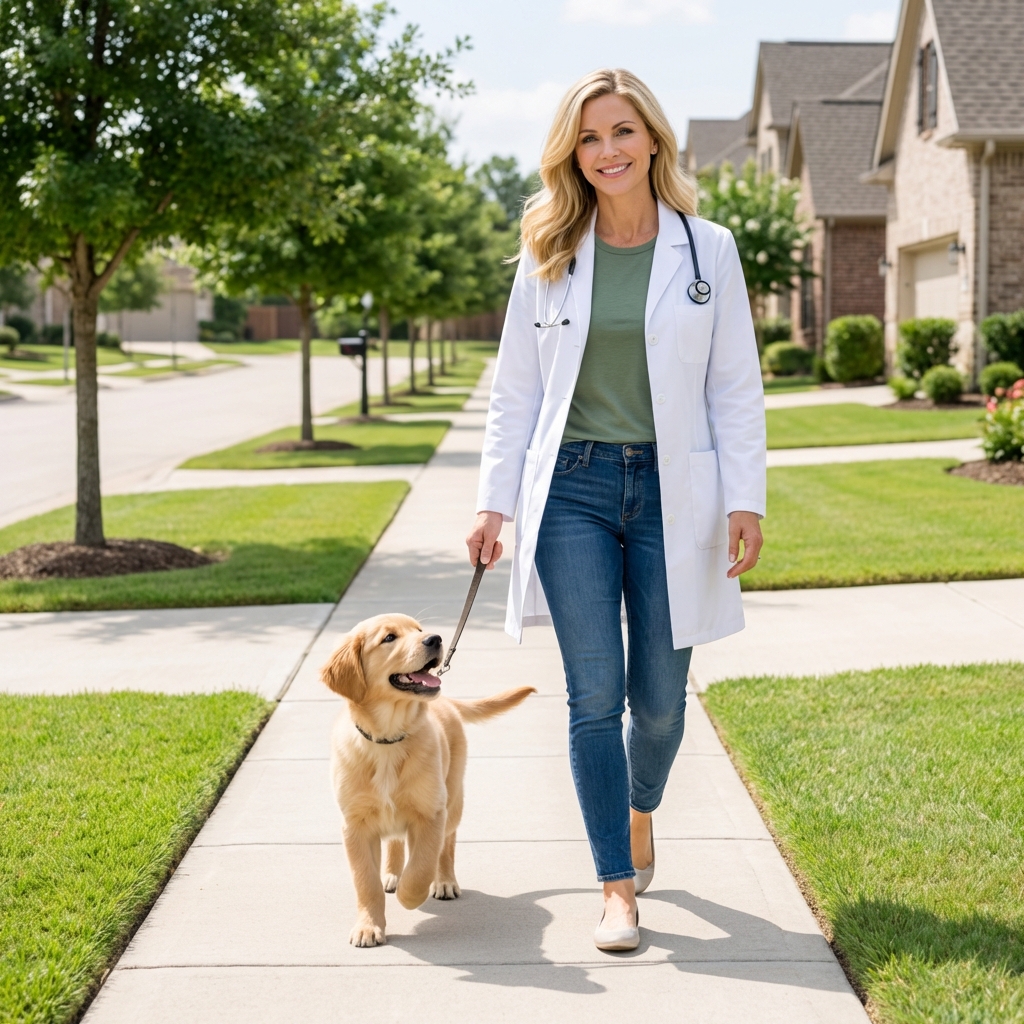 A healthy puppy on a leash walking beside its owner on a clean neighborhood sidewalk