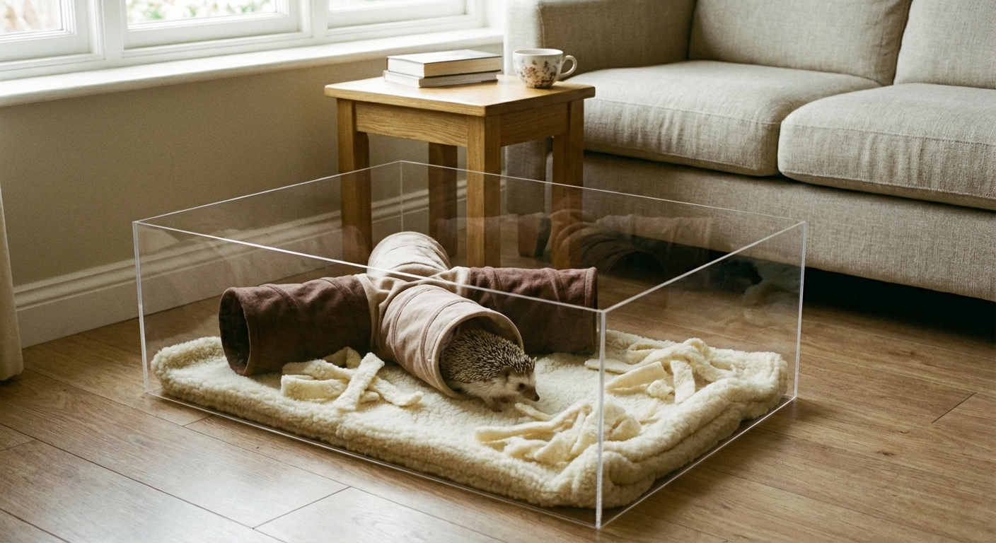 A hedgehog exploring a small indoor playpen with tunnels and fleece fabric strips
