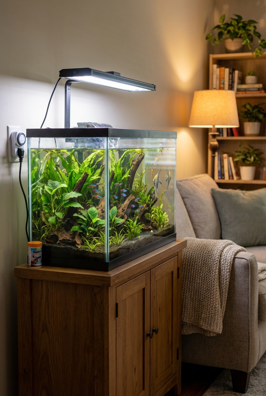 A home aquarium on a stand away from a window with an LED light on a timer in a cozy family room