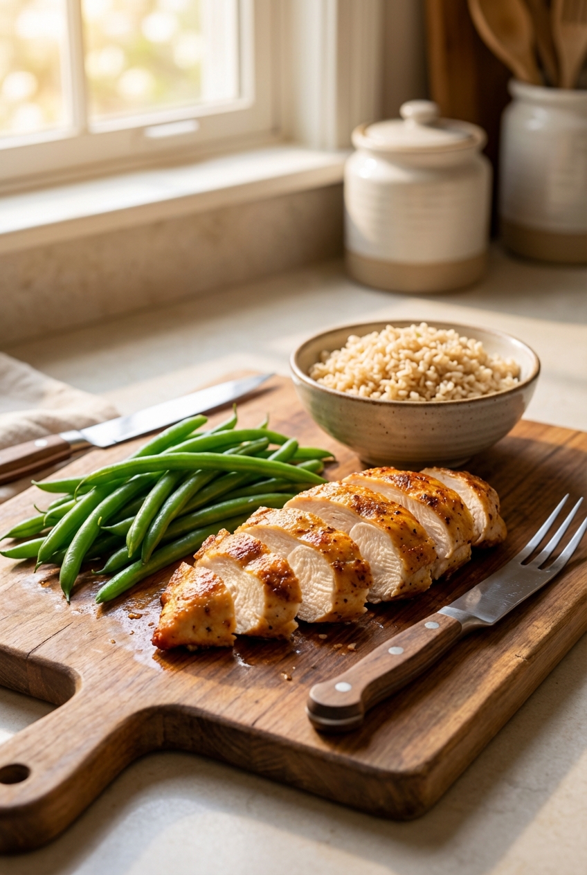 A home kitchen counter with a cutting board holding cooked chicken, steamed green beans, and a small bowl of brown rice