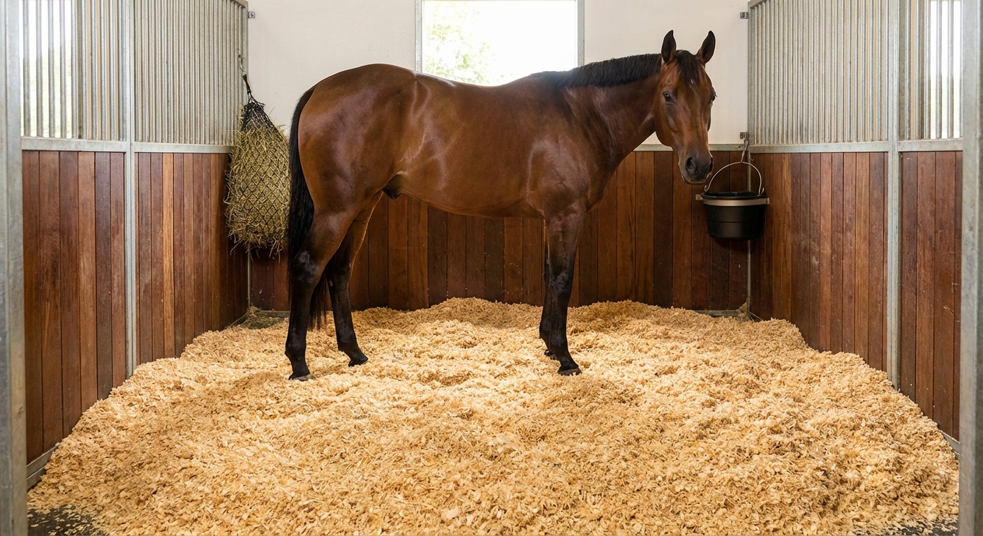 A horse standing on deep shavings bedding in a clean stall