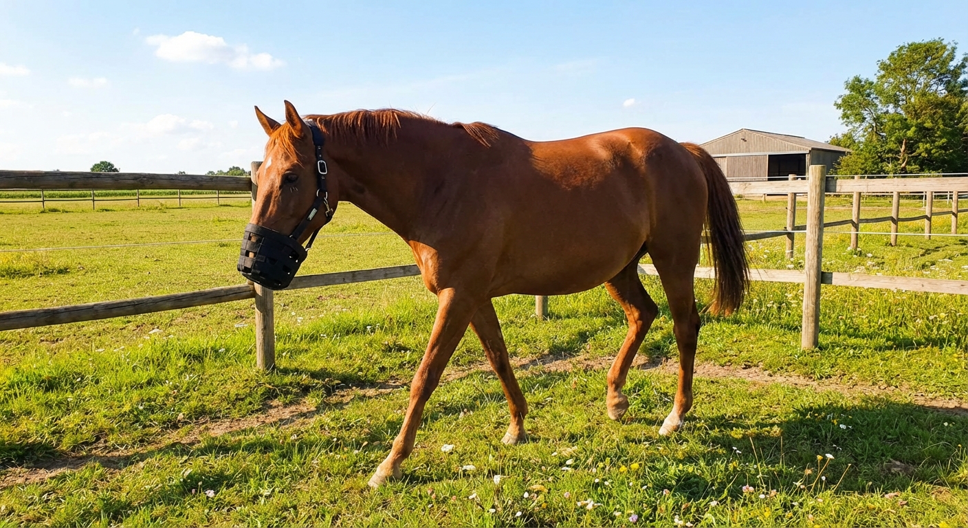 A horse wearing a grazing muzzle walking in a small paddock on a sunny day