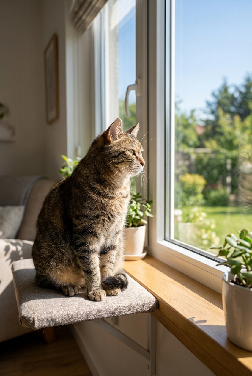 A house cat sitting on a window perch looking outside at daylight