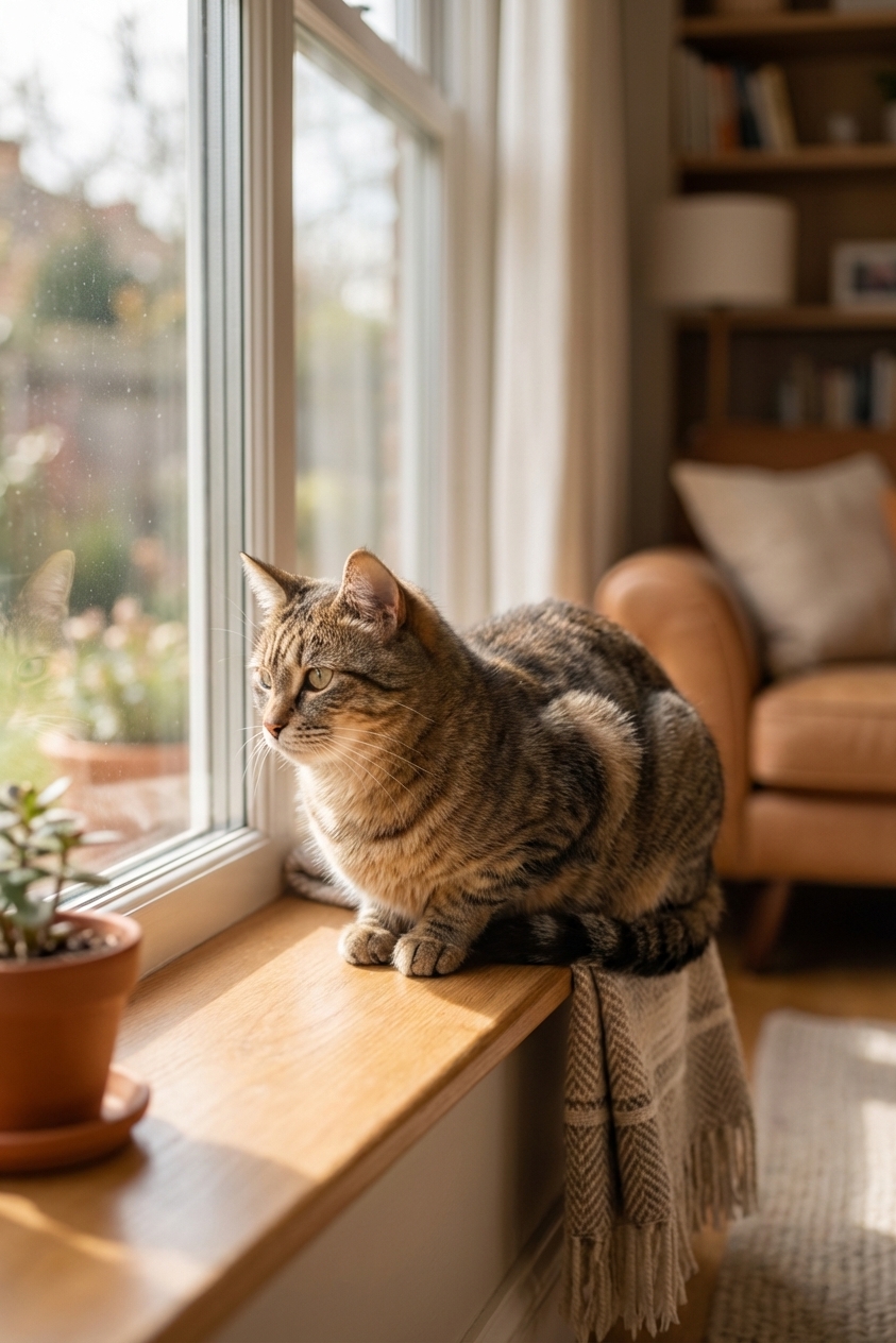 A house cat sitting on an indoor windowsill looking out through the glass with soft daylight, candid home photography