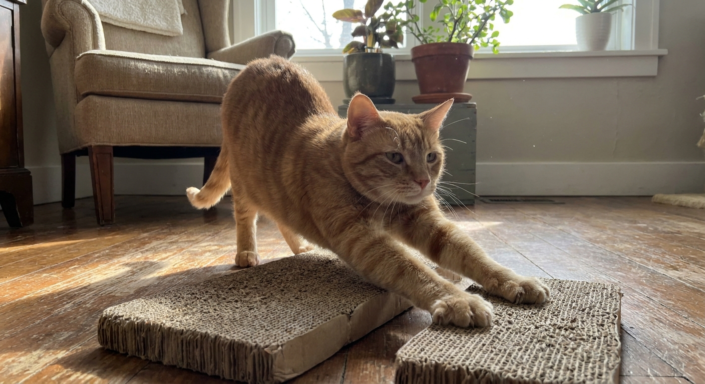 A house cat stretching its front legs on a cardboard scratching pad on the floor