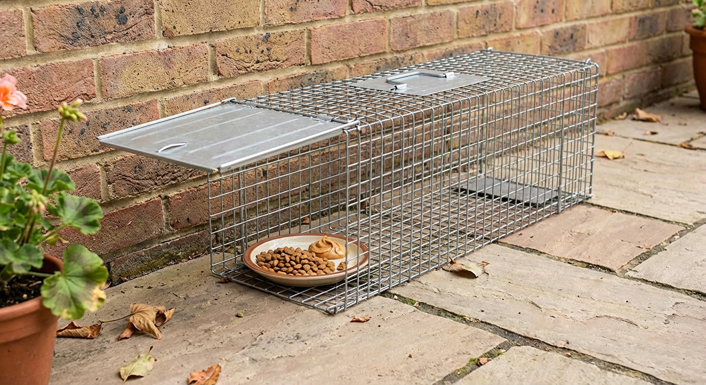 A humane box trap set on a patio near a wall, with a small dish of food inside