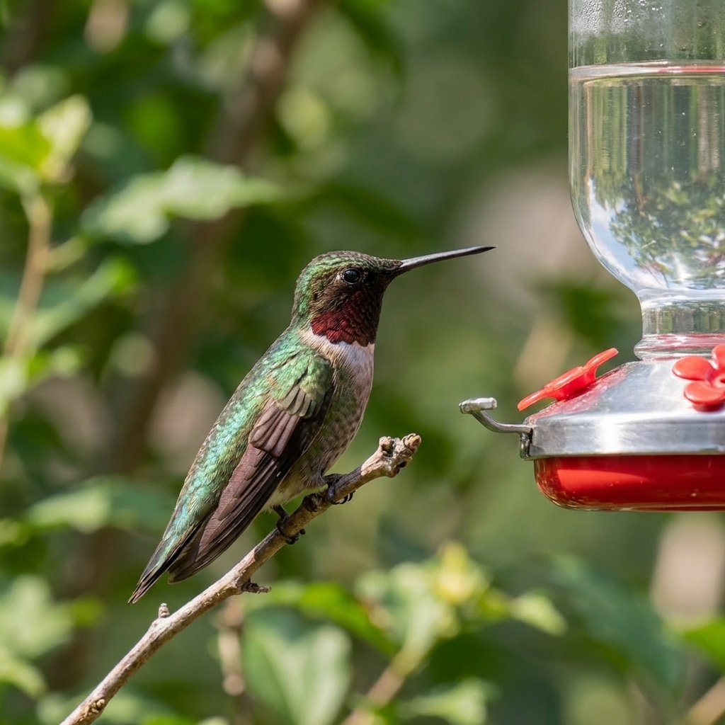A hummingbird perched on a thin branch near a feeder with wings tucked and head turned