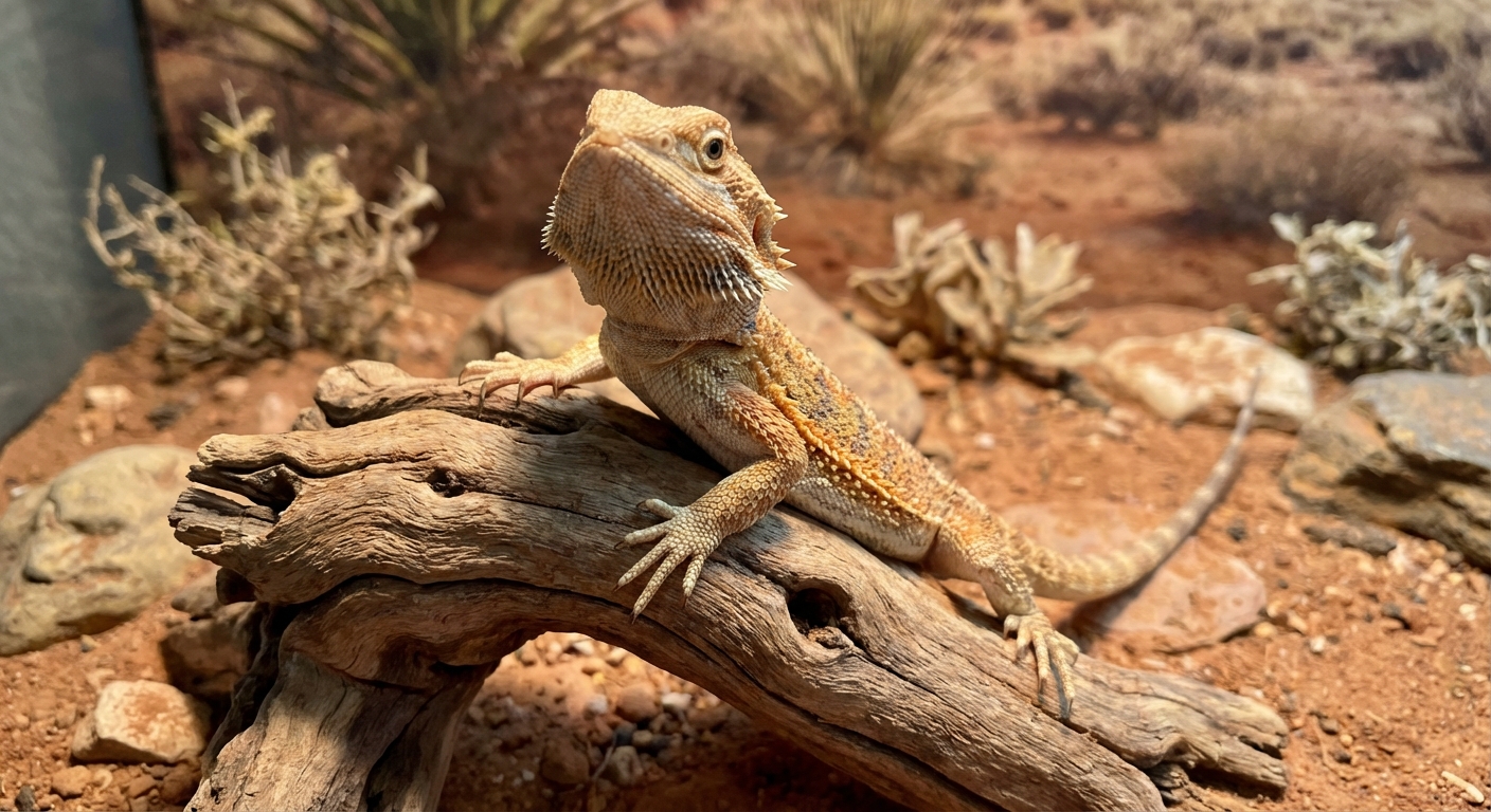 A juvenile bearded dragon sitting alert on a branch with warm desert colored substrate in the background