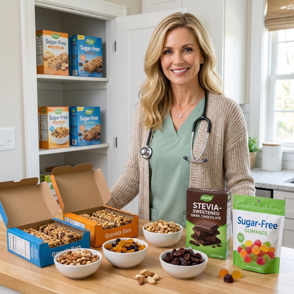A kitchen counter with assorted sugar-free snacks and a pantry shelf open in the background, realistic home photograph