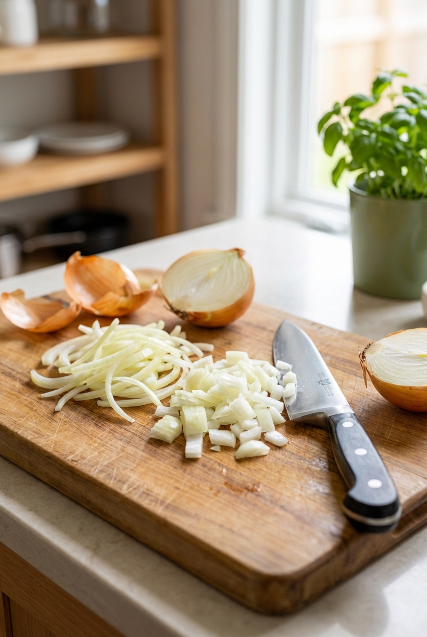 A kitchen cutting board with a sliced yellow onion and a chef's knife