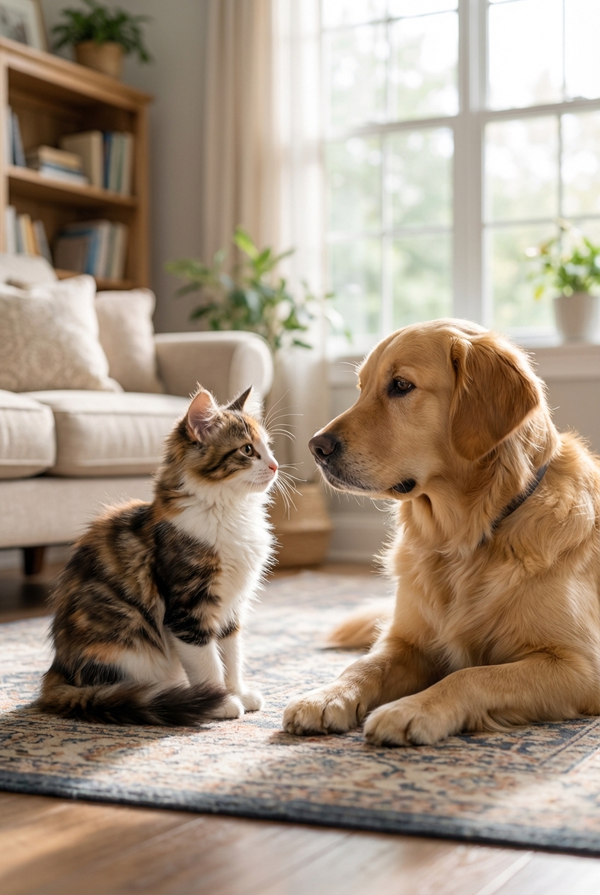 A kitten and a calm dog looking at each other from a short distance in a living room