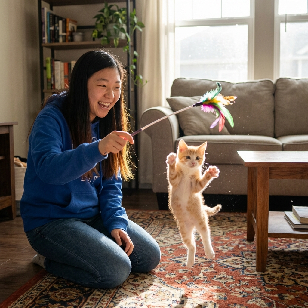 A kitten chasing a feather wand toy held by a person in a living room