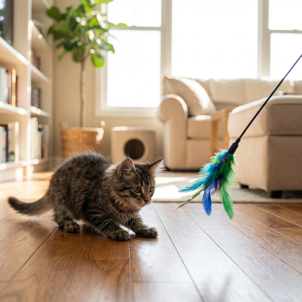 A kitten crouched and focused on a feather wand toy held several feet away in a bright room