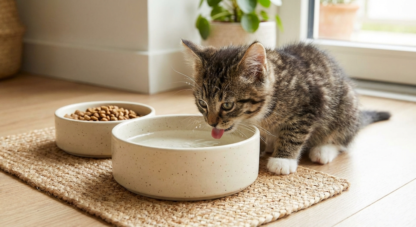 A kitten drinking fresh water from a wide ceramic bowl near a food station