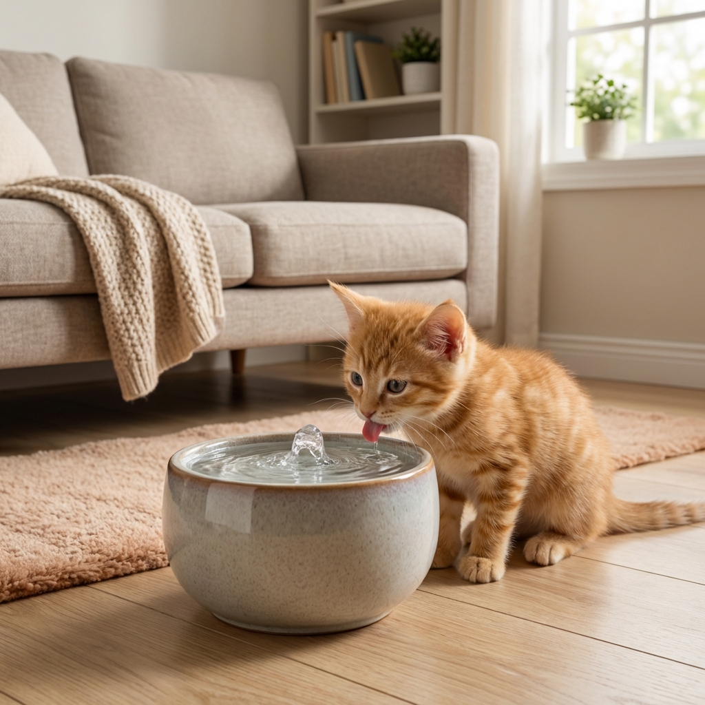 A kitten drinking water from a pet fountain in a living room