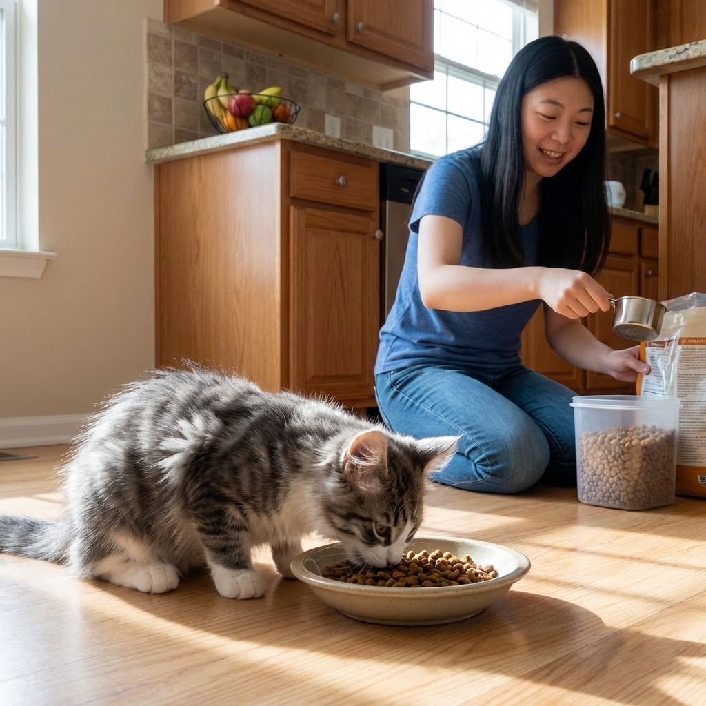 A kitten eating from a shallow bowl on a kitchen floor while a person measures food nearby